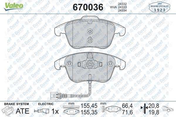 VALEO 670036 On Fren Balatasi  Volkswagen Sharan 1.4/2.0/2.0d 10>/Tiguan 1.4/2.0/2.0d 07>/Audi Q3 2.0d 11>/Q3 Quattro 2.0/2.0d 11>/Seat Alhambra 1.4/2.0/2.0d 10>